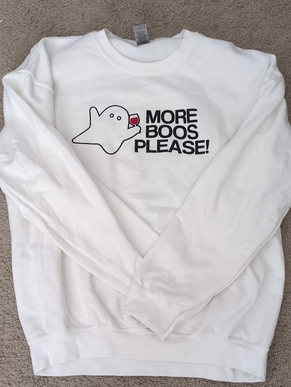 Unique Vintage White Crewneck Sweatshirt with Ghost Wine Graphic